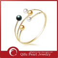 Triple Circles Gold Plated 925 Silver Jewelry Pearl Bracelet Bangle